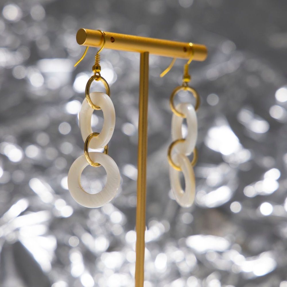 White Acrylic Circle Gold Tone Drop Earrings